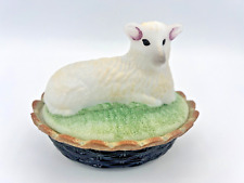Vtg Fenton Glass Lamb Sheep on Covered Candy Dish Woven Basket - T. Mendenhall picture