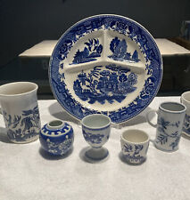 LOT of  7 Blue & White  Pottery Pieces  Plate Cups Egg Cup Vase England Japan US picture