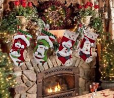 21-IN RED CHRISTMAS 3D STOCKING WITH SANTA SNOWMAN IN SWEATER WHITE ROOF HOUSE picture