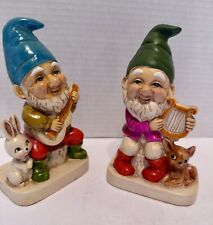 VTG Pair Homco Ceramic Gnomes/Elves W Musical Instruments Fawn And Bunny 5.75” picture