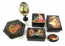 6 Piece Lot of Vtg.  Ukrainian Hand Painted Black Lacquer Boxes, Egg and Brooch picture