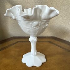 Vintage Fenton Cabbage Rose White Milk Glass Compote Candy Dish Ruffled Rim 6.5