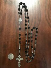 Black Beaded Rosary Vtg Sterling Silver Creed Crucifix 25