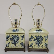 French Provincial Toile Small Table Lamp Pair Pale Yellow & Blue Crest Set of 2 picture