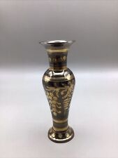 Black & Brass Vintage Etched Floral Design Vase 5.75” tall Made in India picture