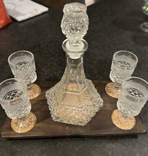 VTG MCM Diamond Cut Wexford Decanter With 4 Claret Glasses And Wood Tray/Server picture