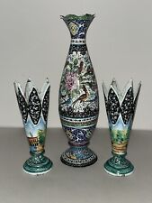 Antique Decorative Persian Minakari Hand Painted Enameled Copper Vases Set Of 3 picture