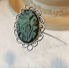 HATPIN with Detailed Green FLOWERS on Black CAMEO Set in Vintage Silver Finish picture