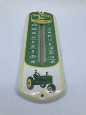 JOHN DEERE VINTAGE WALL THERMOMETER WITH ANTIQUE TRACTOR GREEN WHITE METAL 12x4 picture