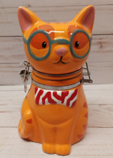 Boston Warehouse orange Tabby Smarty cat w/ glasses coffee sugar hinged canister picture