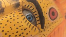 Guatemala Folk Art Carved Wood Jaguar Leopard Cat Head Face Mask Wall Hanger picture