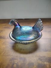 Vtg Indiana Glass Blue Iridescent Carnival Glass Hen on Nest Candy Dish  EXC picture