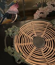 Rustic Wicker Round Platter with Metal Leaf Handles and Grape Clusters 15”-2-1/2 picture