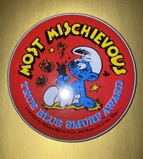 Vintage Smurf's Most Mischievous True Blue Smurf Award Sticker Back Button 1983 picture