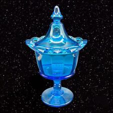 Imperial Glass Blue Laced Edged Candy Dish Jar Covered Dish Vintage 9.5”T 9”W picture