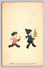 Vintage Children Carrying Presents Tree Snowing Christmas P137AX picture