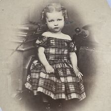 Antique Cabinet Card Photograph Super Adorable Little Girl Plaid Dress ID picture