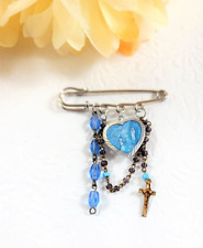 Safety Pin Religious Brooch Our Lady of Lourdes Medal Re-Purposed Rosary Beads picture