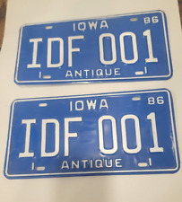 Iowa Antique 1986 License Plates Matched Set IDF 001 blue and white (NN) picture