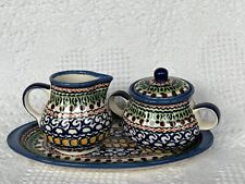 Polish Pottery -Sugar and Creamer Set with Tray- UNIKAT - NEW-Hand Painted picture