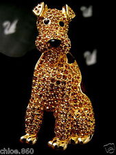 SIGNED CRYSTAL SWAROVSKI AIREDALE DOG PIN~ BROOCH 22KT GOLD PLATED RETIRED NEW  picture
