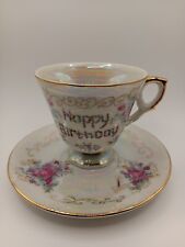 Vintage Happy Birthday Porcelain Teacup And Saucer Flowers Multicolor picture