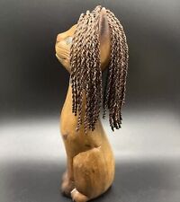 Solid Wood Hand Carved Cat Sculpture Statue W/ Braided Hair & Mirror Collar RARE picture