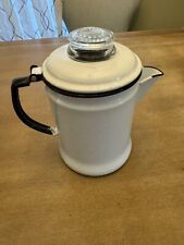White Enamelware Coffee Tea Pot Percolator with Glass Top Black Trim Vintage 9” picture