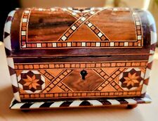 Vtg Moorish Inlaid Fruitwoods & MOP Marquetry Lined Trinket Box with Key 1950s picture