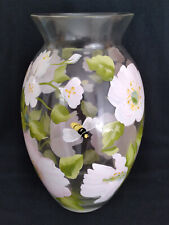 Vintage 7-½” TELEFLORA Hand Painted Floral & Bumble Bee Flared Top Glass Vase picture