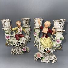 SET OF 2 UCAGCO JAPAN DOUBLE CANDLESTICK HOLDERS VICTORIAN BOY AND GIRL picture