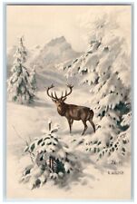c1910's Ulreich Art Munk Elk Winter Snow Scene Pine Trees Antique Postcard picture