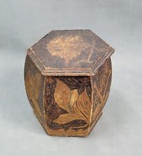 Antique PYROGRAPHY Hand Carved TOBACCO Leaves Pipes WOOD Hexagonal BOX JAR picture
