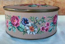 VTG Tin Container by Guildcraft New York USA Cross Stitch Look Floral Pink Roses picture