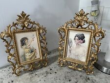 Vtg Ornate Victorian Rococo Gold Brass Picture Frame Plaque Holder w/Stand, 4x6 picture