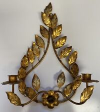 1 Italian Gilded Gold Tole Metal Flower Double Candle Hanging Wall Sconce picture