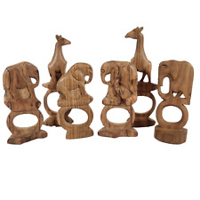 Wooden Animal Napkin Rings Set of 6 Hand Carved Elephant Giraffe Safari picture