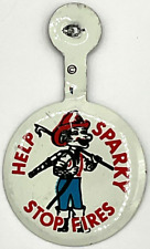 Vintage Tin Tab Fold Over Pin Button Help Sparky Stop Fires Dalmatian Fireman picture