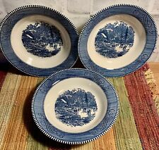 Set of  3 Currier and Ives Early Winter Blue Rimmed Salad Soup Bowls 8 1/2