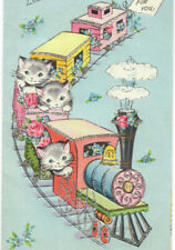 1950's Gray Kittens Riding Train Glitter Embossed Cute Vintage Greeting Card picture
