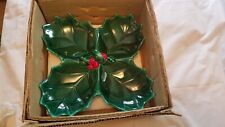 Vintage Christmas Lefton Green Holly Berry 4 Part Relish Dish Tray In Box picture
