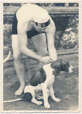 1960s Beagle Dog Beach Shirtless Man with Visor Pet Hound Vintage Photo Original picture