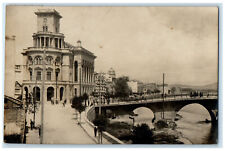 Skopje Macedonia RPPC Photo Postcard Bridge Over River Building 1934 Posted picture