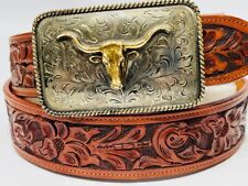 Ralph Lauren Tooled Leather Western Belt Size 34 Steer Head Buckle Hand Engraved picture