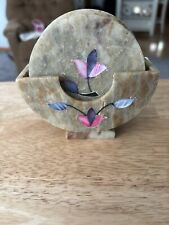 Vintage Soapstone Coasters With Mother Of Pearl Inlay Flower Set of 6 picture