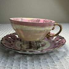 VTG Royal Sealy Japan Pink Gold Iridescent 3 Footed Teacup & Saucer Scalloped picture