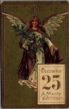 c1910 MERRY CHRISTMAS GOLDEN ANGEL DECEMBER 25 EMBOSSED POSTCARD 39-110 picture