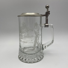 Vintage ALWE Crystal Beer Stein Etched Golf Theme Zinn Pewter Lid 16oz picture