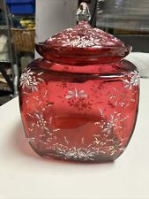 Fenton Cranberry Hand Painted Flower Art Glass Jar w/lid picture