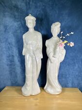 Vintage Pair Chinoiserie Statues Husband & Wife Pearl On White Glaze Oriental picture
